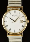 Rotary 9ct gold gentleman's wristwatch with date aperture, black hands and Roman numerals, white