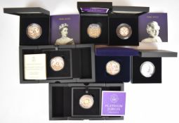Seven silver proof commemorative crowns and 50p coins, all with certificates and cases