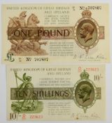Bank of England N.F. Warren Fisher 10 Shilling and £1 banknotes, 2nd issue (still with 'Ireland'