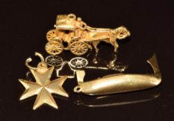 Three 18k gold charms including Maltese star / cross, gondola, and horse and carriage, 7.9g
