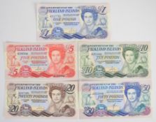 Five Falkland Islands 1983-90 banknotes comprising £1, £5, £10, £20 and £50, the £5 note