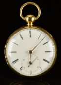 Richard Cripps of Bath 18ct gold open faced pocket watch with subsidiary seconds dial, gold hands,