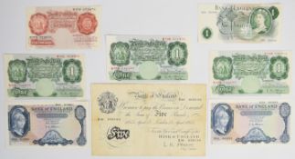 Seven Bank of England L.K. O'Brien 10 Shillings, £1 and £5 banknotes including white £5, London,