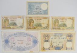Five France 1937-41 banknotes, 10-1000 Francs including high grade 1941 'Minerva' 10 Francs and both