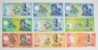 Nine Brunei 1996 and 2011 polymer notes and a 2007 20 Ringgit note commemorating 40 years of the