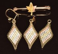 A pair of 9ct gold tri-coloured earrings with matching pendant and a 10k gold bi-coloured brooch, 6g