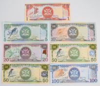 Seven Trinidad & Tobago Series 2006 banknotes including all denominations from $1 to $100