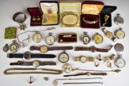 A collection of watches and costume jewellery including silver bangle, 9ct gold ring set with a