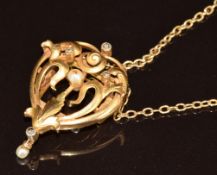 Art Nouveau 15ct gold pendant set with natural pearls and rose cut diamonds, on 9ct gold chain