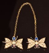 Edwardian 9ct gold cloak pin in the form of two butterflies set with seed pearls, sapphires and
