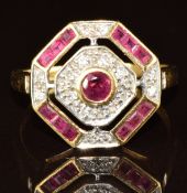 An 18ct gold Art Deco style ring set with rubies and diamonds, 5g, size R