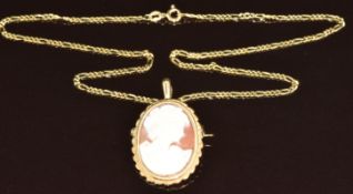 A 9ct gold pendant / brooch set with a cameo (3.4 x 2.2cm) on a 9ct gold chain, 40cm, 7.5g