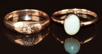 Two 9ct rose gold rings, one set with three seed pearls the other set with an opal (chipped), 3.