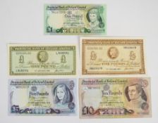 Five Northern Ireland Provincial Bank of Ireland banknotes 1968-81 including a 1968 £1 and 1972 £5