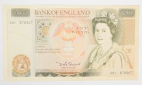 Bank of England Somerset £50 bank note with A01 serial number