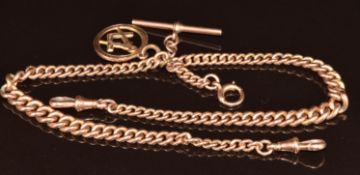 A 9ct rose gold double Albert / watch chain with Masonic fob and T-bar, 40.3g, 36cm