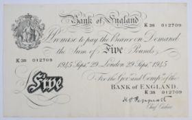 Bank of England 1945 K.O. Peppiatt white £5 banknote, London, 29th Sept. 1945