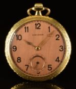 Movado 18ct gold keyless winding open faced pocket watch with inset subsidiary seconds dial, gold