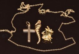 Three 9ct gold pendants / charms comprising rabbit, chilli and cross, and a 9ct gold chain, 6.2g