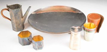 Art Deco silver plated bowl raised on three D shaped feet, with hammered decoration, diameter 27.