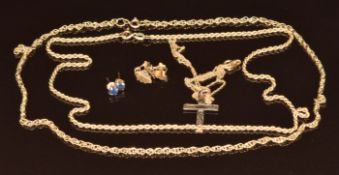Three 9ct gold chains, 9ct gold cross and two pairs of 9ct gold earrings, 9.3g