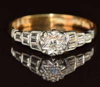 An 18ct gold ring set with a diamond in a tiered platinum setting, 2g, size K