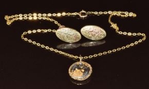 A 9ct gold chain, locket set with gold flakes and a pair of 9ct gold earrings (3.4g)