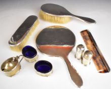 Walker & Hall hallmarked silver five piece cruet set with blue glass liners, together with a