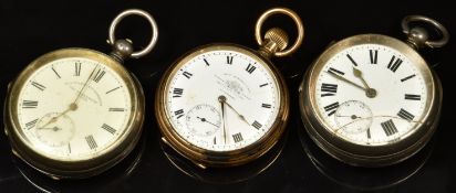 Three open faced pocket watches, Thomas Russell & Son of Liverpool keyless winding gold plated, W