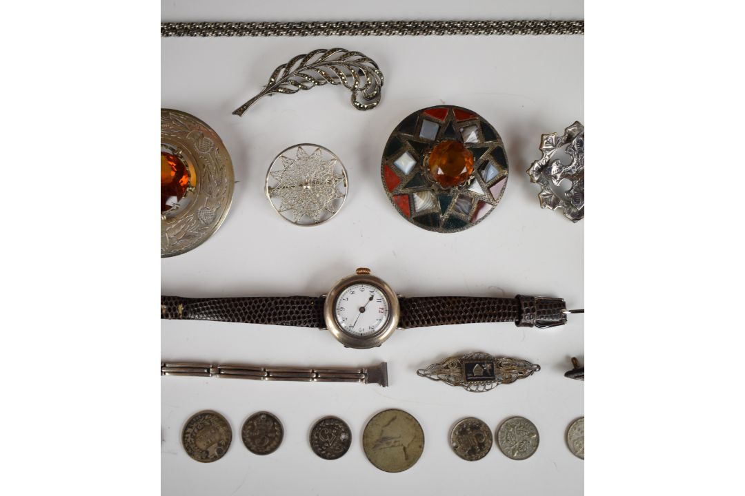 A collection of silver and white metal jewellery including watch with enamel dial, agate brooch, - Image 3 of 4