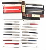 Twenty-one Parker fountain pens including advertising examples, Frontier etc, some in original