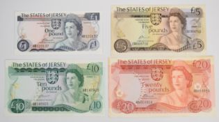 Four Jersey undated (1976-83) banknotes signed J. Clennett comprising £1, £5, £10 and £20