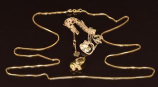 A 14k gold chain (3.1g) two 9ct gold chains, two heart pendants and a 9ct gold elephant charm (2g)
