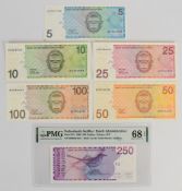 Six Netherlands Antilles 1986-2016 banknotes comprising 5, 10, 25, 50 and 100 Gulden, with a 250
