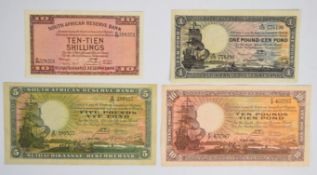 Four South Africa WW2 era (1940-44) banknotes comprising 10 Shillings, £1, £5 and £10