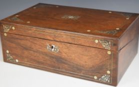 Rosewood and mother of pearl writing slope, opening to reveal a tooled leather writing surface,