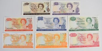 Seven New Zealand 1981-92 issue banknotes including $1, $2, $5, $10, $20, $50 and $100 and signed by