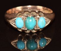 A 9ct rose gold ring set with three turquoise, Birmingham 1921, 1.8g, size M