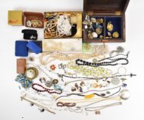 A collection of costume jewellery including beads, mother of pearl earrings, vintage brooches, fresh