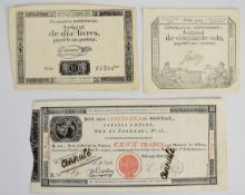 Two France Revolutionary assignats including a 1792 10 Livres and a 1793 50 Sols, plus a 1797-1803