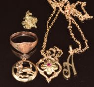 A 10k gold chain, 9ct gold pendant, 9ct gold ram / Aries pendant, 9ct gold 'A' pendant and chain,
