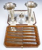 Hallmarked silver mounted items comprising pair of trumpet vases, height 14cm, dressing table