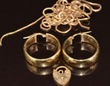 A pair of 9ct gold earrings, 9ct gold padlock clasp and two damaged chains, 10.5g