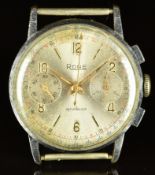 Rone gentleman's chronograph wristwatch with gold hands and Arabic numerals, silver dial, nickel