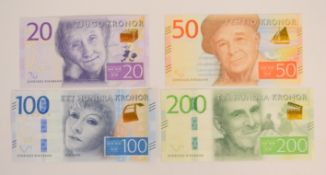 Four Sweden 2015-16 ND issue banknotes comprising 20, 50, 100 and 200 Kronor