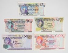 Five Northern Ireland Bank of Ireland (Belfast) 2005-2013 banknotes comprising £5, £10, £20, £50 and