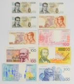 Ten Belgium 1965-1998 banknotes including 100, 200 and 500 Francs and smaller denomination 1964-66
