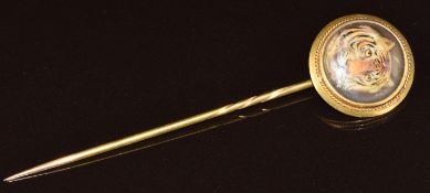 Victorian stick pin set with a painted enamel plaque depicting a tiger, by William Essex 1862,