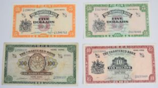 Set of four Hong Kong Chartered Bank undated (1961-70) banknotes comprising two $5, $10 and $100