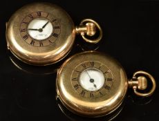 Two gold plated keyless winding half hunter pocket watches, one a Waltham with subsidiary seconds
